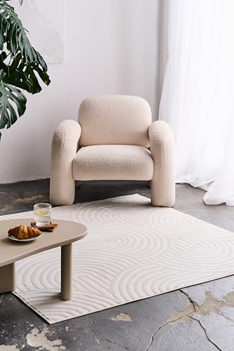 TAPISO Hygge Teppich Wohnzimmer Beige |Creme Weiß Streifen Kreise 3D Effekt Geometrisch Skandi Boho moderner Design | Kurzflor |Pflegeleicht | Schlafzimmer ÖKOTEX 250 x 250 cm von TAPISO