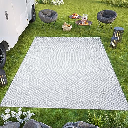 TAPISO Ibiza Teppich Outdoor Zweiseitig Wendbar Wasserdicht Resistent Geometrisch Figuren Diamanten Hellgrau Picknick Strand Garten ÖKO-TEX 150 x 240 cm von TAPISO