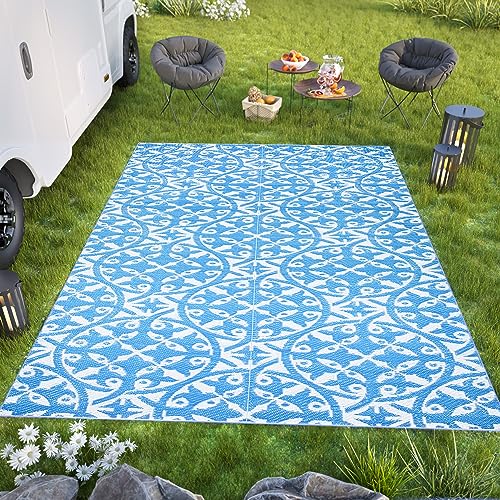TAPISO Ibiza Teppich Outdoor Zweiseitig Wendbar Wasserdicht Resistent Kreis Rosette Blume Kariert Picknick Strand Garten ÖKO-TEX 180 x 270 cm von TAPISO