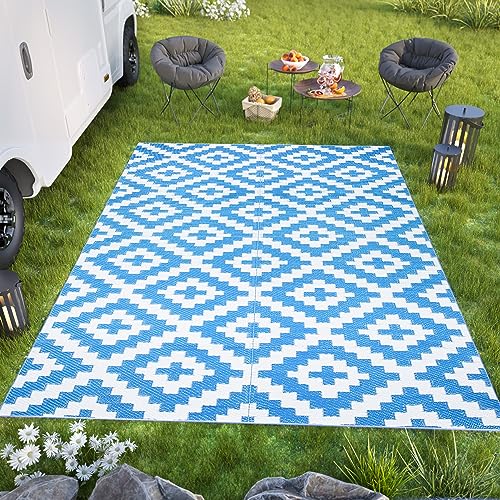 TAPISO Ibiza Teppich Outdoor Zweiseitig Wendbar Wasserdicht Resistent Quadrate Diamanten Kariert Weiß Blau Picknick Strand Garten ÖKO-TEX 180 x 270 cm von TAPISO
