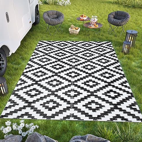 TAPISO Ibiza Teppich Outdoor Zweiseitig Wendbar Wasserdicht Resistent Quadrate Kariert Weiß Schwarz Picknick Strand Garten ÖKO-TEX 120 x 180 cm von TAPISO