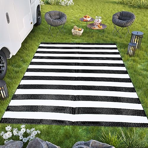 TAPISO Ibiza Teppich Outdoor Zweiseitig Wendbar Wasserdicht Resistent Streifen Zebra Weiß Schwarz Picknick Strand Garten ÖKO-TEX 120 x 180 cm von TAPISO