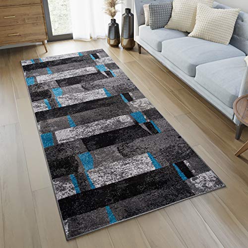 TAPISO JAWA Läufer Teppich Flur Brücke Meliert Modern Kurzflor Grau Schwarz Blau Viereck Streifen Muster Designer Wohnzimmer ÖKOTEX 70 x 180 cm von TAPISO