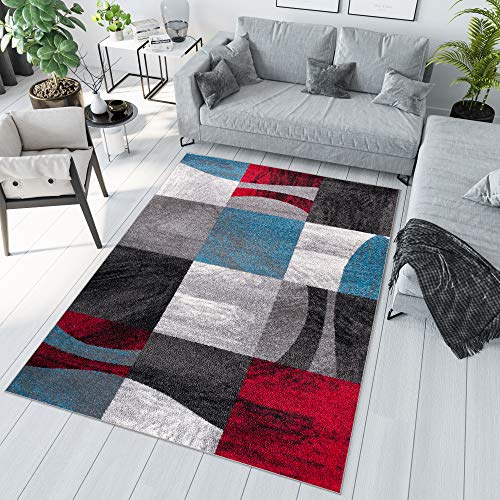 TAPISO JAWA Teppich Kurzflor Teppiche Designer Grau Rot Blau Bunt Mehrfarbig Abstrakt Streifen Wellen Modern Karo Diamant Viereck Muster Wohnzimmer Gästezimmer ÖKOTEX 140 x 190 cm von TAPISO