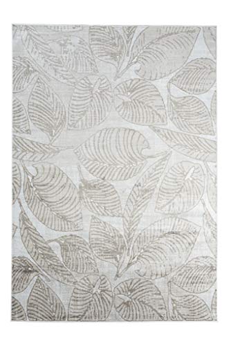TAPISO Jafar Teppich Wohnzimmer Dünn Kurzflor Modern Floral Blätter Tropical Meliert Hellgrau Beige Designer Flachflor Esszimmer Viscose 185 x 275 cm von TAPISO
