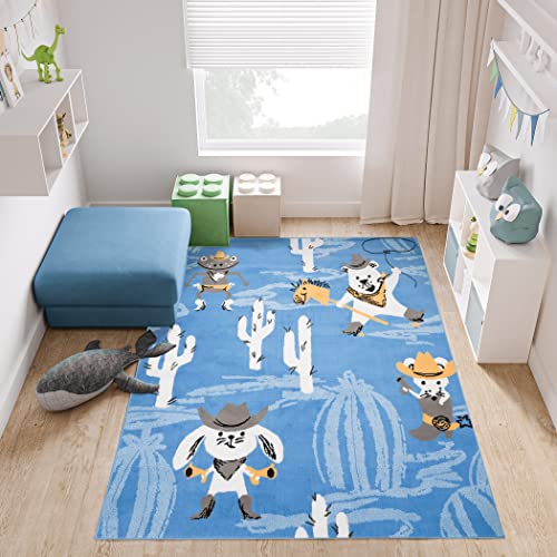 TAPISO Jolly Teppich Kurzflor Kinderzimmer Schlafzimmer Spielmatte Blau Grau Gelb Tiere Western Design 200 x 300 cm von TAPISO