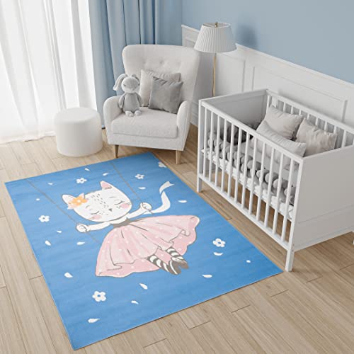 TAPISO Jolly Teppich Kurzflor Kinderzimmer Schlafzimmer Spielmatte Blau Rosa Katze Blumen Prinzessin Design 160 x 220 cm von TAPISO