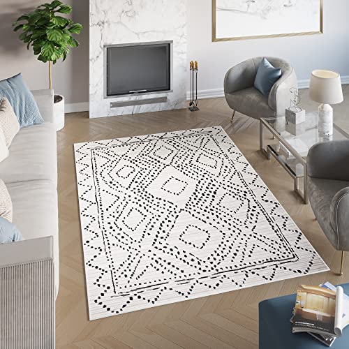 TAPISO Juno Teppich Kurzflor Schwarz Creme Grau Modern Ethno Style Punkte Vierecke Meliert Design Wohnzimmer Schlafzimmer 160 x 230 cm von TAPISO