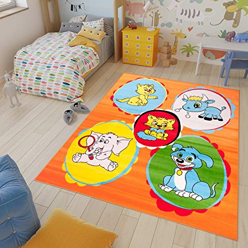 TAPISO Kinder Teppich Kurzflor Kinderteppich Katze Hund Elefant Tiere Muster Orange Bunt Designer Kinderzimmer ÖKOTEX 80 x 150 cm von TAPISO