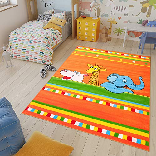 TAPISO Kinder Teppich Kurzflor Kinderteppich Modern Spielteppich Bunt Orange Tiere Elefant Giraffe Nilpferd Design Kinderzimmer ÖKOTEX 140 x 190 cm von TAPISO