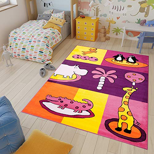 TAPISO Kinder Teppich Kurzflor Kinderteppich Modern Tiere Design Bunt Lila Gelb Orange Giraffe Motiv Kinderzimmer ÖKOTEX 80 x 150 cm von TAPISO