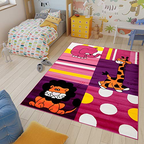 TAPISO Kinder Teppich Kurzflor Kinderteppich Weich Spielteppich Elefant Giraffe Tiger Tiere Muster Lila Rosa Kinderzimmer ÖKOTEX 240 x 330 cm von TAPISO