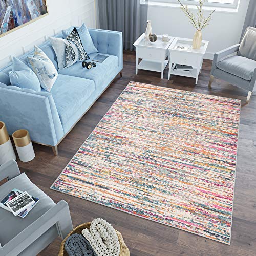 TAPISO Lazur Teppich Kurzflor Streifen Meliert Verwischt Grau Blau Creme Orange Rosa Wohnzimmer Schlafzimmer Modern Design ÖKOTEX 180 x 260 cm von TAPISO