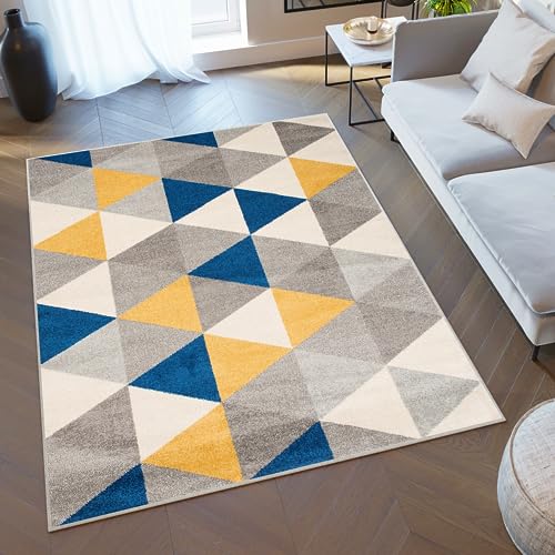 TAPISO Lazur Teppich Kurzflor Geometrisch Dreieck Grau Creme Blau Gelb Wohnzimmer Schlafzimmer Modern Design ÖKOTEX 200 x 290 cm von TAPISO