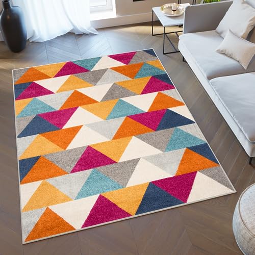 TAPISO Lazur Teppich Kurzflor Modern Geometrisch Dreieck Grau Creme Blau Weinrot Orange Gelb Wohnzimmer Schlafzimmer Modern Design ÖKOTEX 240 x 330 cm von TAPISO