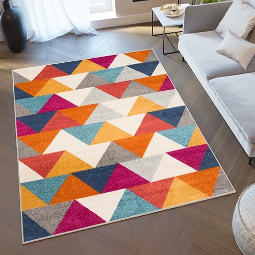 TAPISO Lazur Teppich Kurzflor Geometrisch Figuren Dreieck Rot Blau Grau Orange Rot Wohnzimmer Schlafzimmer Modern Design ÖKOTEX 160 x 220 cm von TAPISO