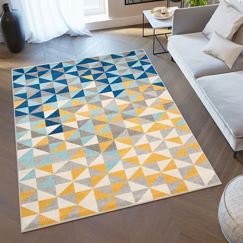 TAPISO Lazur Teppich Kurzflor Geometrisch Figuren Dreieck Grau Creme Blau Gelb Wohnzimmer Schlafzimmer Modern Design ÖKOTEX 180 x 260 cm von TAPISO