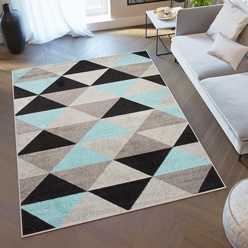 TAPISO Lazur Teppich Kurzflor Geometrisch Figuren Dreieck Grau Hellblau Schwarz Wohnzimmer Schlafzimmer Modern Design ÖKOTEX 80 x 150 cm von TAPISO