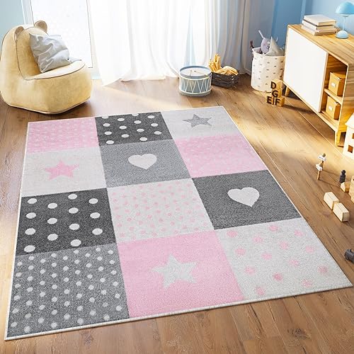 TAPISO Lazur Teppich Kinderteppich Kurzflor Sterne Punkte Herz Patchwork Grau Creme Rosa Jugendzimmer Kinderzimmer Modern Design ÖKOTEX 80 x 150 cm von TAPISO