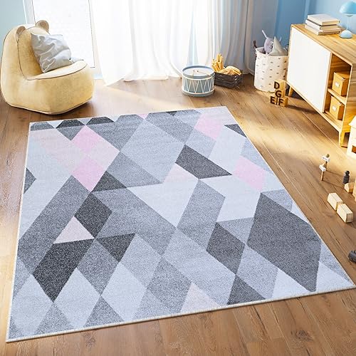 TAPISO Lazur Teppich Kinderteppich Kurzflor Geometrisch Figuren Dreieck Grau Creme Rosa Jugendzimmer Kinderzimmer Modern Design ÖKOTEX 240 x 330 cm von TAPISO
