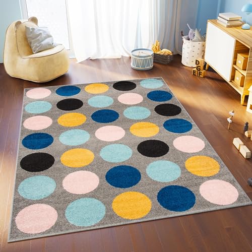 TAPISO Lazur Teppich Kinderteppich Kurzflor Geometrisch Punkte Kreise Grau Gelb Rosa Blau Jugendzimmer Kinderzimmer Modern Design ÖKOTEX 240 x 330 cm von TAPISO