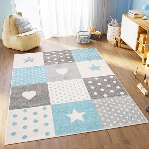 TAPISO Lazur Teppich Kinderteppich Kurzflor Sterne Punkte Herz Patchwork Grau Creme Blau Jugendzimmer Kinderzimmer Modern Design ÖKOTEX 140 x 190 cm von TAPISO
