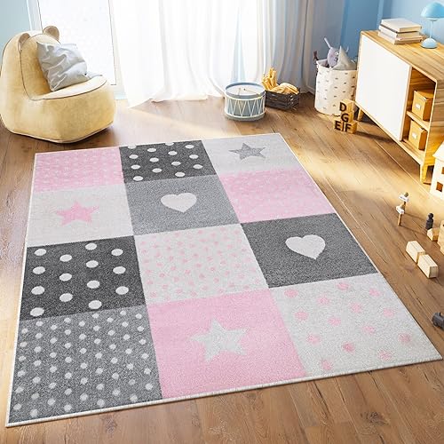 TAPISO Lazur Teppich Kinderteppich Kurzflor Sterne Punkte Herz Patchwork Grau Creme Rosa Jugendzimmer Kinderzimmer Modern Design ÖKOTEX 160 x 220 cm TAPISO Lazur Teppich Kinderteppich Kurzflor Sterne Punkte Herz Patchwork Grau Creme Rosa Jugendzimmer Kinderzimmer Modern Design ÖKOTEX 160 x 220 cm von TAPISO