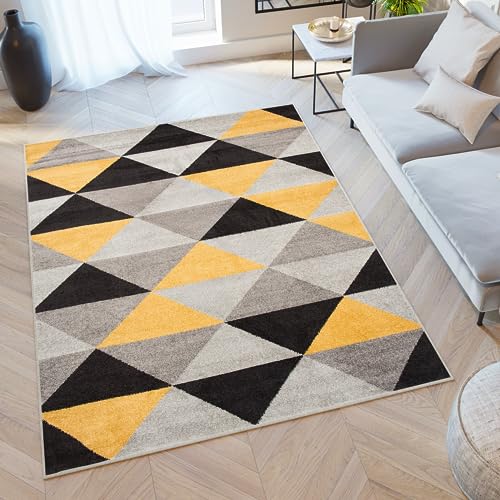 TAPISO Lazur Teppich Kurzflor Geometrisch Figuren Dreieck Grau Gelb Schwarz Wohnzimmer Schlafzimmer Modern Design ÖKOTEX 120 x 170 cm von TAPISO