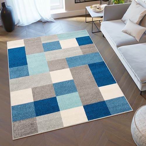 TAPISO Lazur Teppich Kurzflor Geometrisch Figuren Vierecke Grau Creme Blau Wohnzimmer Schlafzimmer Modern Design ÖKOTEX 160 x 220 cm von TAPISO