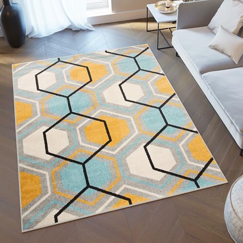 TAPISO Lazur Teppich Kurzflor Geometrisch Gitter Grau Creme Gelb Hellblau Wohnzimmer Schlafzimmer Modern Design ÖKOTEX 240 x 330 cm von TAPISO
