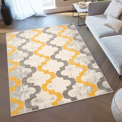 TAPISO Lazur Teppich Kurzflor Marrokanisch Geometrisch Muster Gitter Grau Creme Gelb Wohnzimmer Schlafzimmer Modern Design ÖKOTEX 160 x 220 cm von TAPISO