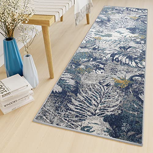 TAPISO Lazur Teppich Läufer Meterware Kurzflor Flur Wohnzimmer Modern Grau Dunkelblau Gelb Meliert Verwischt Blätter Blumen ÖKOTEX 80 x 250 cm von TAPISO