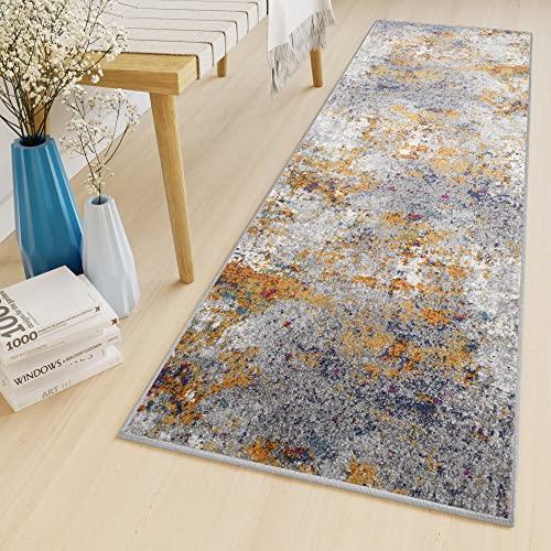 TAPISO Lazur Teppich Läufer Meterware Kurzflor Flur Wohnzimmer Modern Grau Dunkelblau Gelb Rot Meliert Verwischt Abstrakt ÖKOTEX 80 x 410 cm von TAPISO