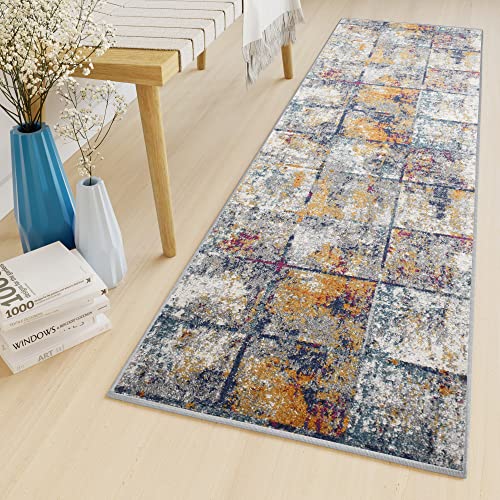 TAPISO Lazur Teppich Läufer Meterware Kurzflor Flur Wohnzimmer Modern Grau Dunkelblau Gelb Rot Meliert Verwischt Quadrate Geometrisch ÖKOTEX 100 x 130 cm von TAPISO