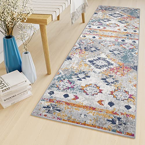 TAPISO Lazur Teppich Läufer Meterware Kurzflor Flur Wohnzimmer Modern Grau Dunkelblau Gelb Rot Meliert Verwischt Streifen Ethno Boho ÖKOTEX 70 x 140 cm von TAPISO