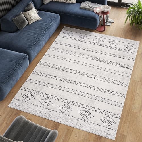 TAPISO Lotus Teppich Kurzflor Anthrazit Schwarz Grau Creme Modern Ethno Design 3D Optik Boho Muster Wohnzimmer Schlafzimmer ÖKOTEX 120 x 170 cm von TAPISO