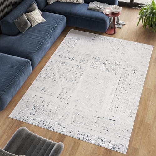 TAPISO Lotus Teppich Kurzflor Blau Creme Grau Cut-Loop 3D Effekt Modern Linien Design Gebraucht Effekt Wohnzimmer Schlafzimmer ÖKOTEX 140 x 200 cm von TAPISO