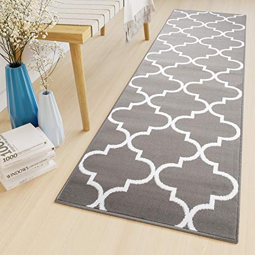 TAPISO Luxury Läufer Teppich Flur Korridor Brücke Kurzflor Designer Grau Weiss Marokkanisch Geometrisch Gitter Muster ÖKOTEX 100 x 400 cm von TAPISO