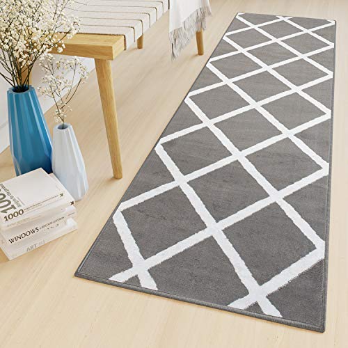 TAPISO Luxury Läufer Teppich Flur Korridor Kurzflor Brücke Designer Grau Weiss Karo Viereck Geometrisch Gitter Muster ÖKOTEX 100 x 330 cm von TAPISO