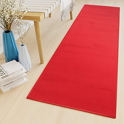 TAPISO Luxury Läufer Teppich Meterware Flur Korridor Kurzflor Brücke Schlafzimmer Wohnzimmer Modern Rot Einfarbig ÖKOTEX 70 x 100 cm von TAPISO
