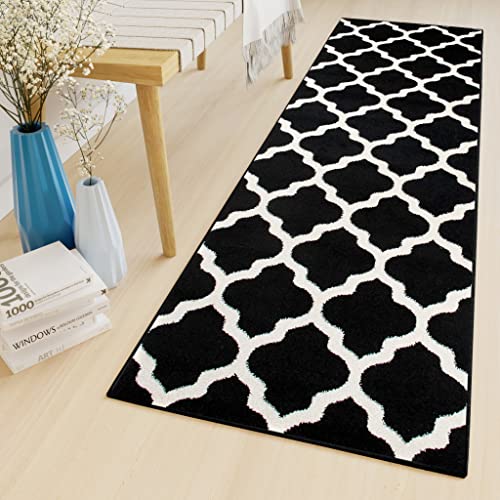 TAPISO Luxury Läufer Teppich Meterware Flur Kurzflor Brücke Modern Schwarz Weiß Geometrisch Marokkanisch Gitter Schlafzimmer ÖKOTEX 80 x 280 cm von TAPISO