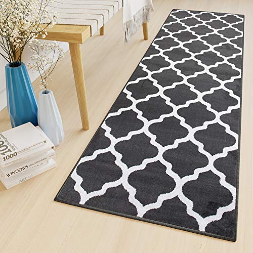 TAPISO Luxury Läufer Teppich Meterware Flur Kurzflor Brücke Modern Weiß Grau Geometrisch Marokkanisch Gitter Kleeblatt ÖKOTEX 90 x 370 cm von TAPISO