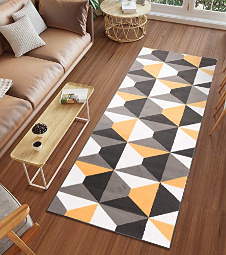 TAPISO Luxury Läufer Teppich Meterware Flur Kurzflor Brücke Orange Weiß Grau Dunkelgrau Gelb Modern Geometrisch Wohnzimmer ÖKOTEX 60 x 200 cm von TAPISO