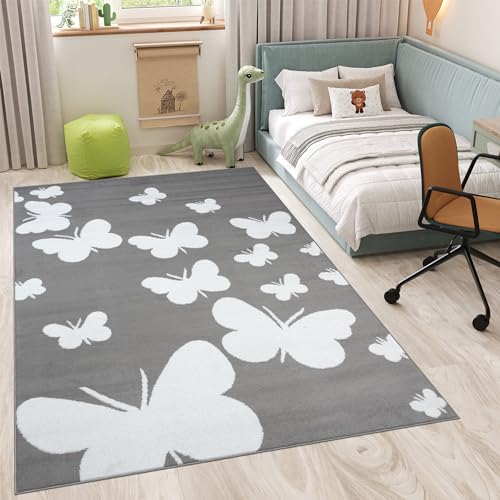 TAPISO Luxury Teppich Kurzflor Kinderteppich Grau Weiß Modern Schmetterlinge Design Wohnzimmer Schlafzimmer Kinderzimmer ÖKOTEX 160 x 220 cm von TAPISO