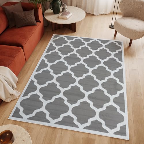TAPISO Luxury Teppich Kurzflor Modern Marokkanisch Geometrisch Gitter Rauten Muster Grau Weiß Bordüre Wohnzimmer Schlafzimmer ÖKOTEX 300 x 400 cm von TAPISO