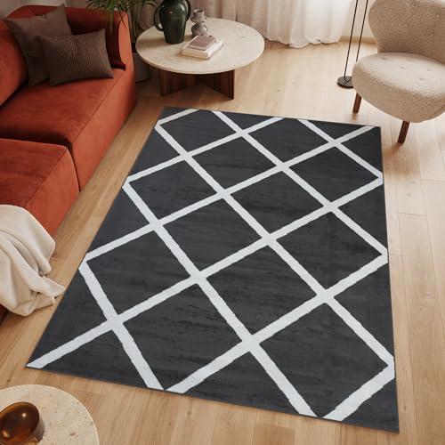 TAPISO Luxury Teppich Kurzflor Wohnzimmer Schlafzimmer Dunkelgrau Weiß Modern Karo Kariert Design Marokkanisch Geometrisch Muster ÖKOTEX 140 x 200 cm von TAPISO