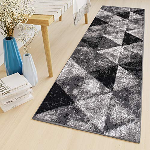 TAPISO Luxury Teppich Läufer Flur Meterware Korridor Küche Flur Kurzflor Modern Geometrisch Dreiecke Design Schwarz Grau Creme ÖKOTEX 100 x 240 cm von TAPISO