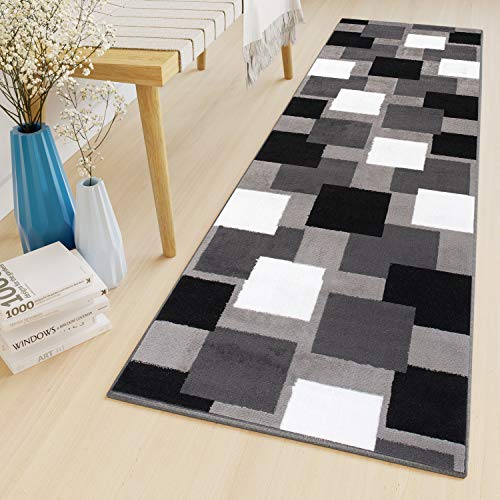 TAPISO Luxury Teppich Läufer Flur Meterware Korridor Küche Flur Kurzflor Modern Vierecke Design Schwarz Grau Weiß ÖKOTEX 80 x 110 cm von TAPISO