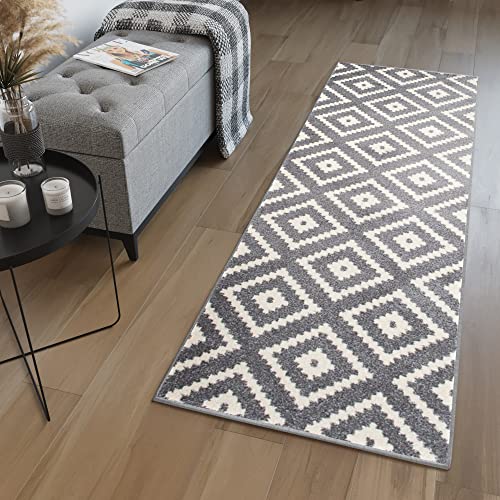 TAPISO MAROKO Läufer Teppich Brücke Flur Modern Geometrisch Marokkanisch Karo Diamant Muster Grau Creme ÖKOTEX 60 x 170 cm von TAPISO