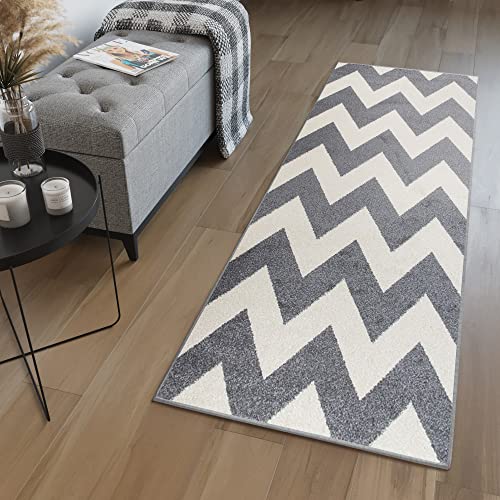 TAPISO MAROKO Läufer Teppich Meterware Brücke Flur Modern Geometrisch Zig Zag Streifen Gestreift Grau Creme Wohnzimmer ÖKOTEX 100 x 210 cm von TAPISO